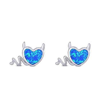 Heart Devil Stud Earring Created Blue Opal Solid 925 Sterling Silver (9.5mm)
